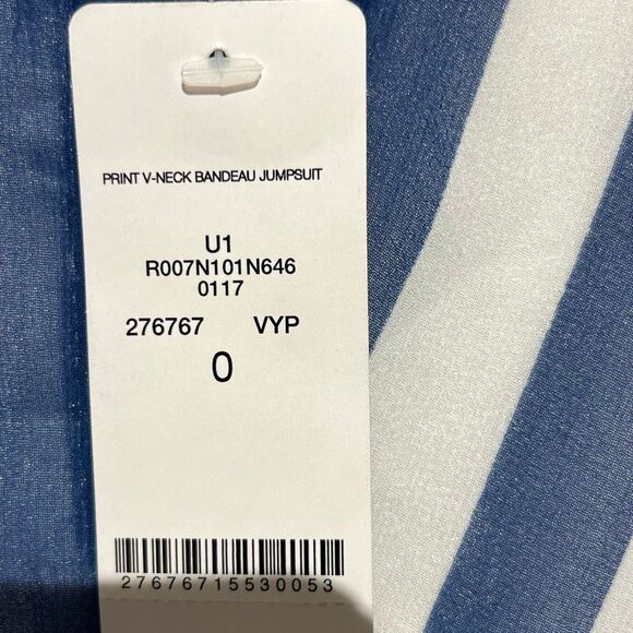 Bebe Women's Blue White Stripe Deep V-Neck Sleeveless Bandeau Jumpsuit Sz 0 NWT - Picture 7 of 10